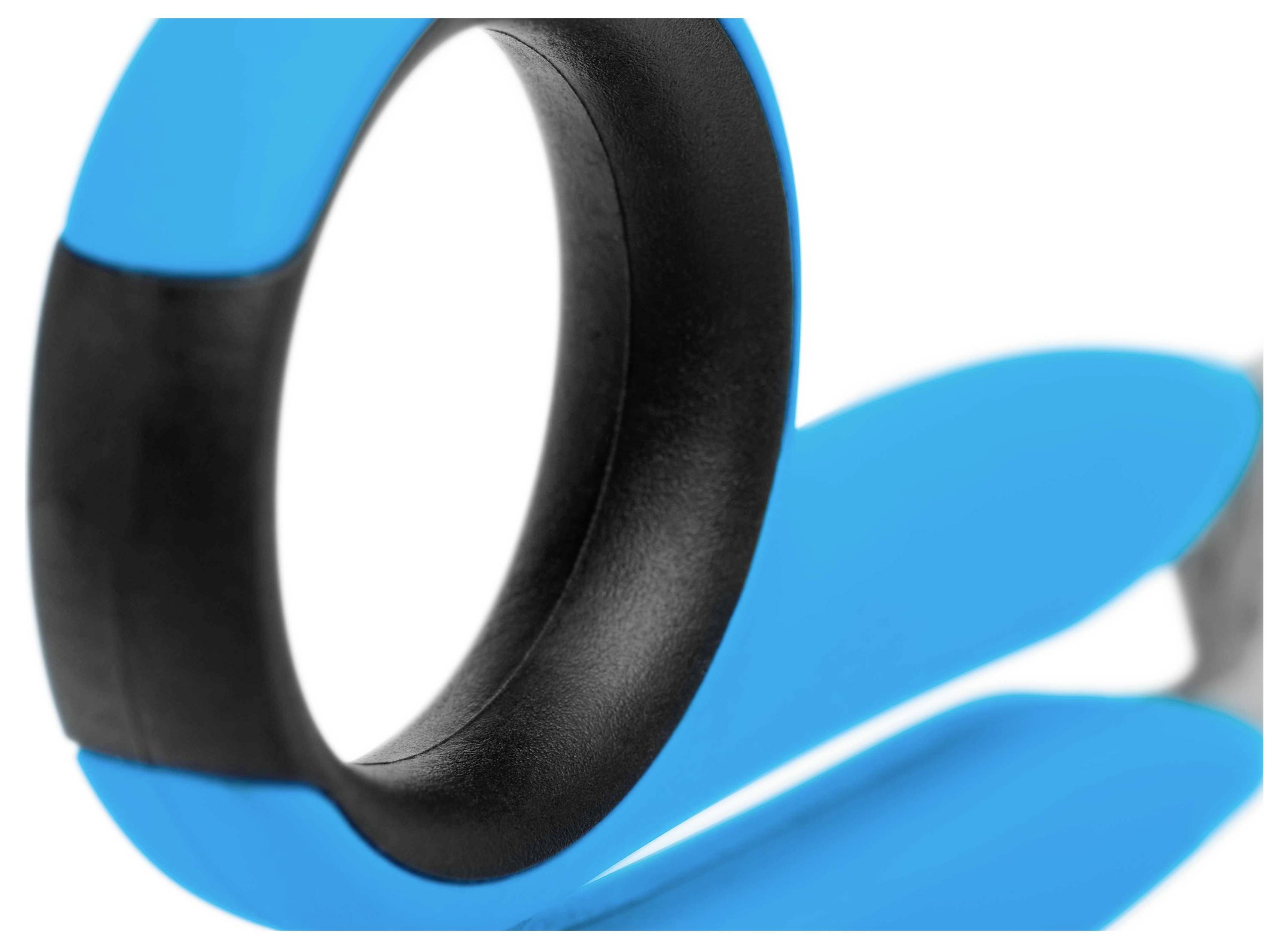 Un objet circulaire bleu-noir avec une poignée, probablement un élément d'équipement sportif ou d'accessoire de fitness.