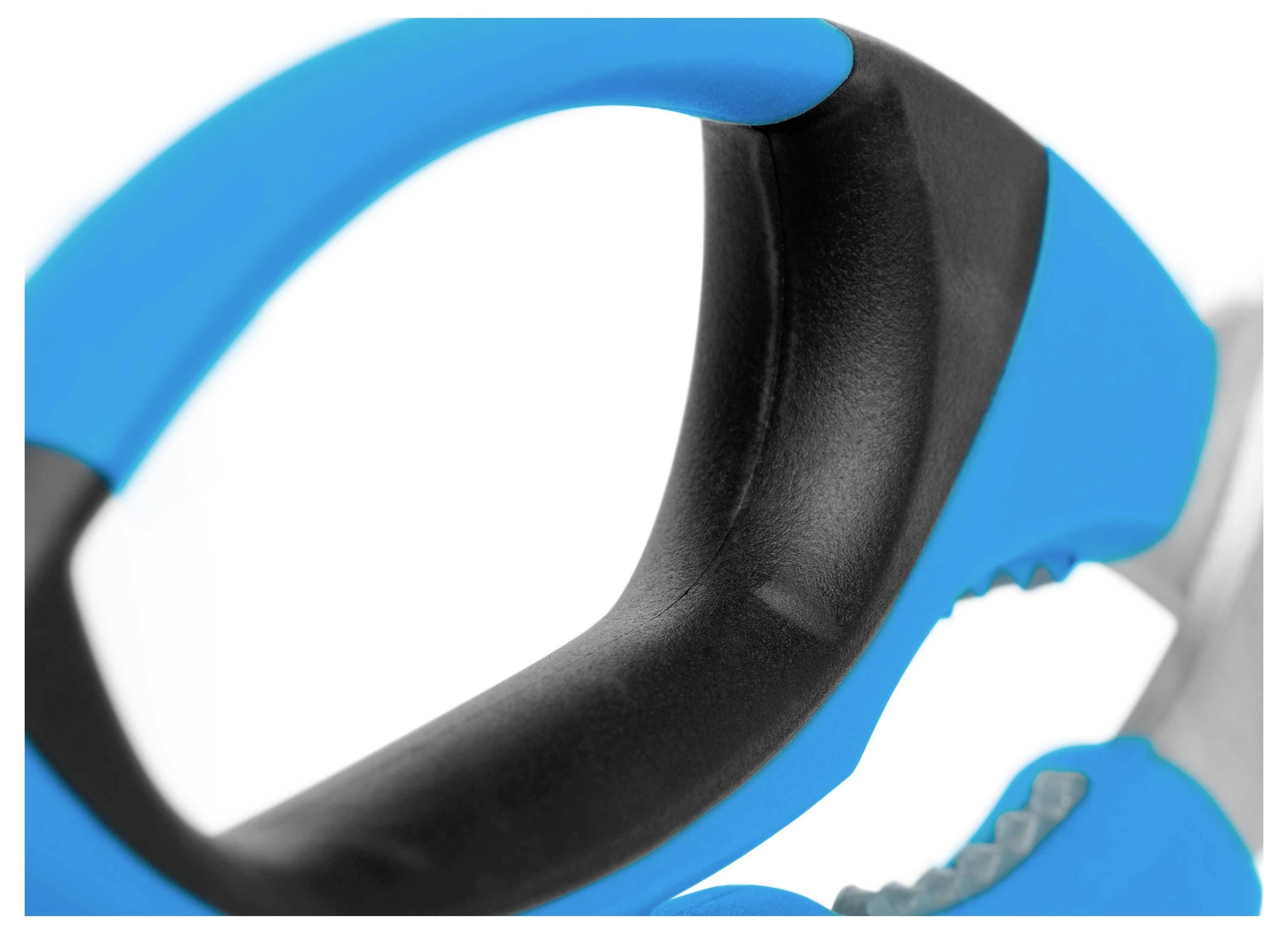 Gros plan sur une poignée en plastique bleu et noir, probablement partie intégrante d'un outil ou d'un appareil de cuisine, présentant un design ergonomique.