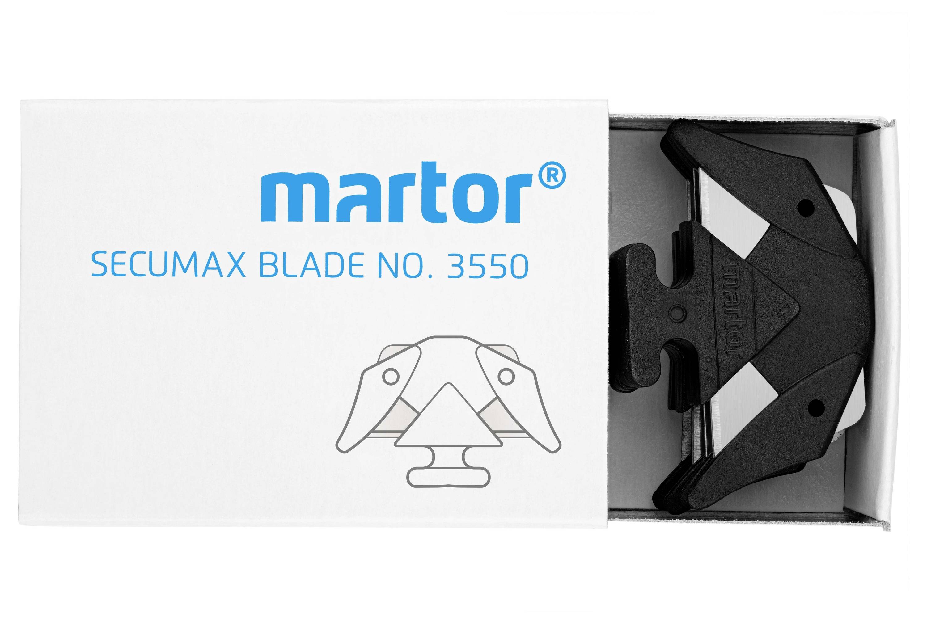 Emballage d'une lame portant l'inscription 'martor SECUMAX BLADE NO. 3550'. La lame montre un support noir dans une boîte ouverte.