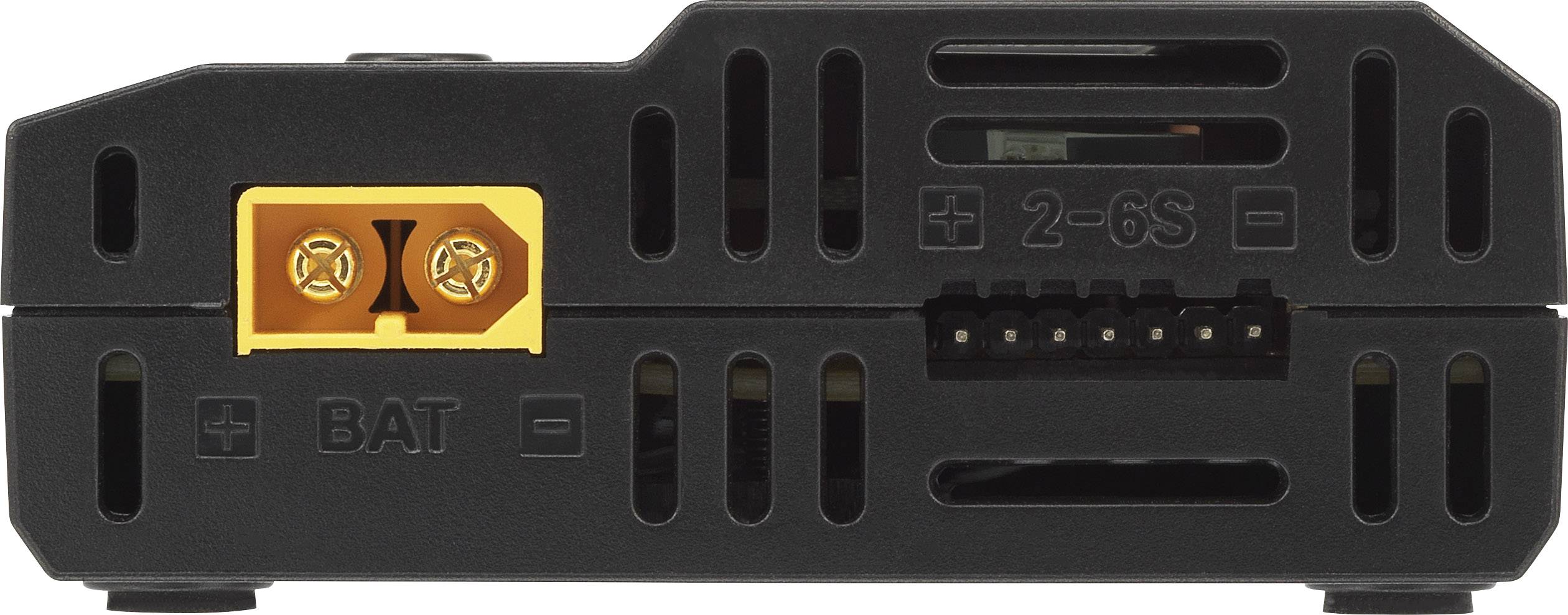 Boîtier en plastique noir avec borne de batterie jaune et connecteur multibroche. Marquage : 2-6S BAT.