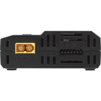 Boîtier en plastique noir avec borne de batterie jaune et connecteur multibroche. Marquage : 2-6S BAT.