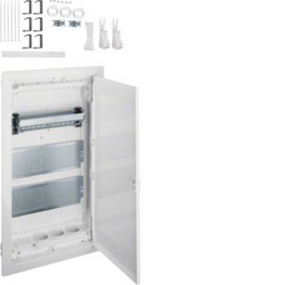 'Boîtier de distribution blanc vide avec portes ouvertes, deux rangées de montage en métal, accessoires de montage fournis illustrés ci-dessus.'