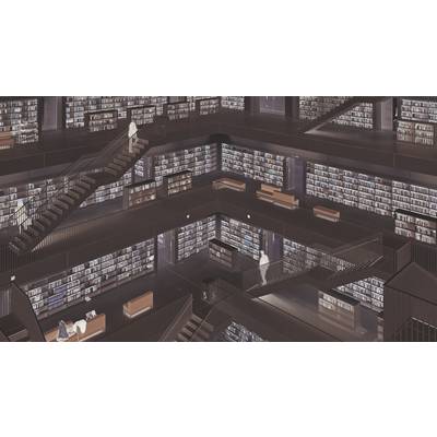 Une bibliothèque moderne à plusieurs étages, avec des étagères remplies de livres et plusieurs niveaux reliés par des escaliers. Quelques personnes sont visibles.