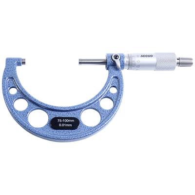 Micromètre avec cadre métallique bleu, plage de mesure 75-100 mm, résolution 0,01 mm, pour des mesures précises dans des applications techniques.
