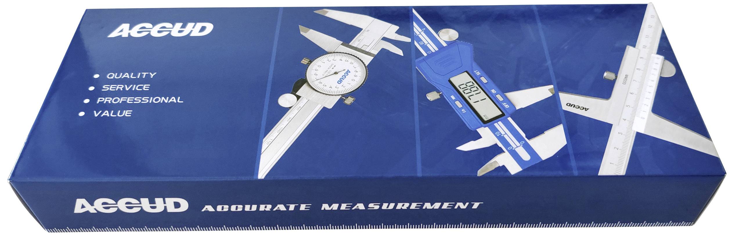 Emballage portant l'inscription 'Mesure Précise'. Présente des images d'outils de mesure : des pieds à coulisse analogiques et numériques. Slogan marketing : 'Qualité, Service, Professionnalisme, Valeur'.