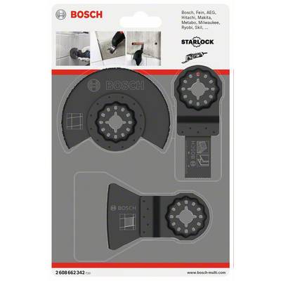 Trois lames de scie Starlock de Bosch dans un emballage, adaptées à divers outils électriques. Comprend des lames de scie circulaires et des lames de scie plates.