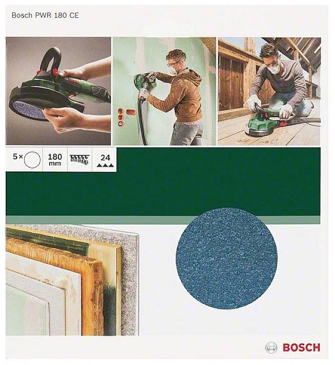 Outil de meulage 'Bosch PWR 180 CE'. L'image présente des scènes d'application : meulage d'un mur, de bois et de chants ; les caractéristiques du produit telles que 180 mm et grain 24 sont mises en évidence.