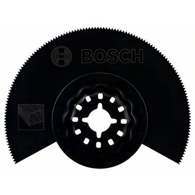Lame de scie Bosch noire avec denture ; adaptée pour le travail du bois et des métaux. L'image montre le logo et une représentation schématique d'une ligne de coupe.