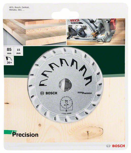 'Lame de scie pour bois, 85 mm x 15 mm, 20 dents, compatible avec AEG, Bosch, DeWalt, Metabo, Skil. L'image montre la scie en action et une pile de planches sciées.'