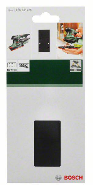 Emballage pour la ponceuse Bosch PSM 200 AES et ses feuilles abrasives, présentant une illustration et les dimensions des feuilles abrasives.