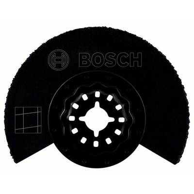 Une lame de scie Bosch noire avec un bord dentelé, une ouverture centrale de fixation et un logo. Convient pour couper différents matériaux.