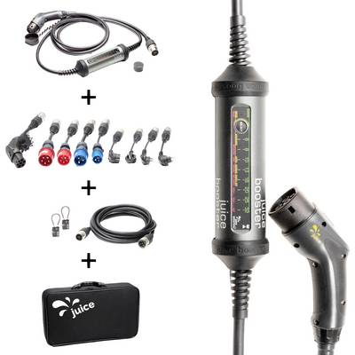 Chargeur pour voitures électriques avec différents adaptateurs et câbles. Inclut un sac de transport. Pour une recharge flexible sur différentes prises électriques.
