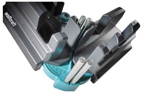 Guide d'onglet avec fonction de mesure angulaire et goupilles de réglage, en métal et plastique, pour l'alignement précis des pièces.