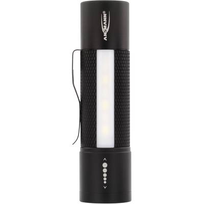 Lampe de poche noire avec structure en maille et clip. Lumières allumées visibles à l'intérieur.