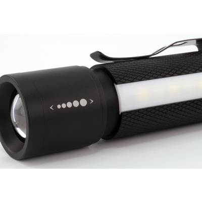 Lampe de poche noire avec éclairage latéral et clip, sur fond blanc.