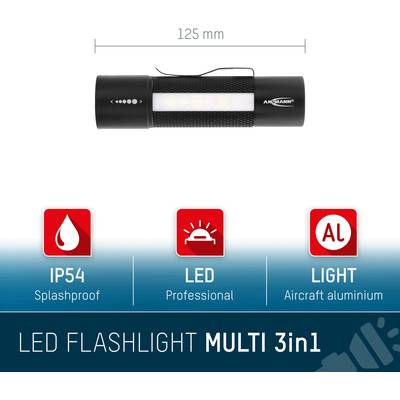 Lampe de poche LED MULTI 3en1 présentant une lampe de 125 mm de couleur noire. Caractéristiques : protection contre les projections d'eau (IP54), éclairage LED professionnel, boîtier en aluminium.