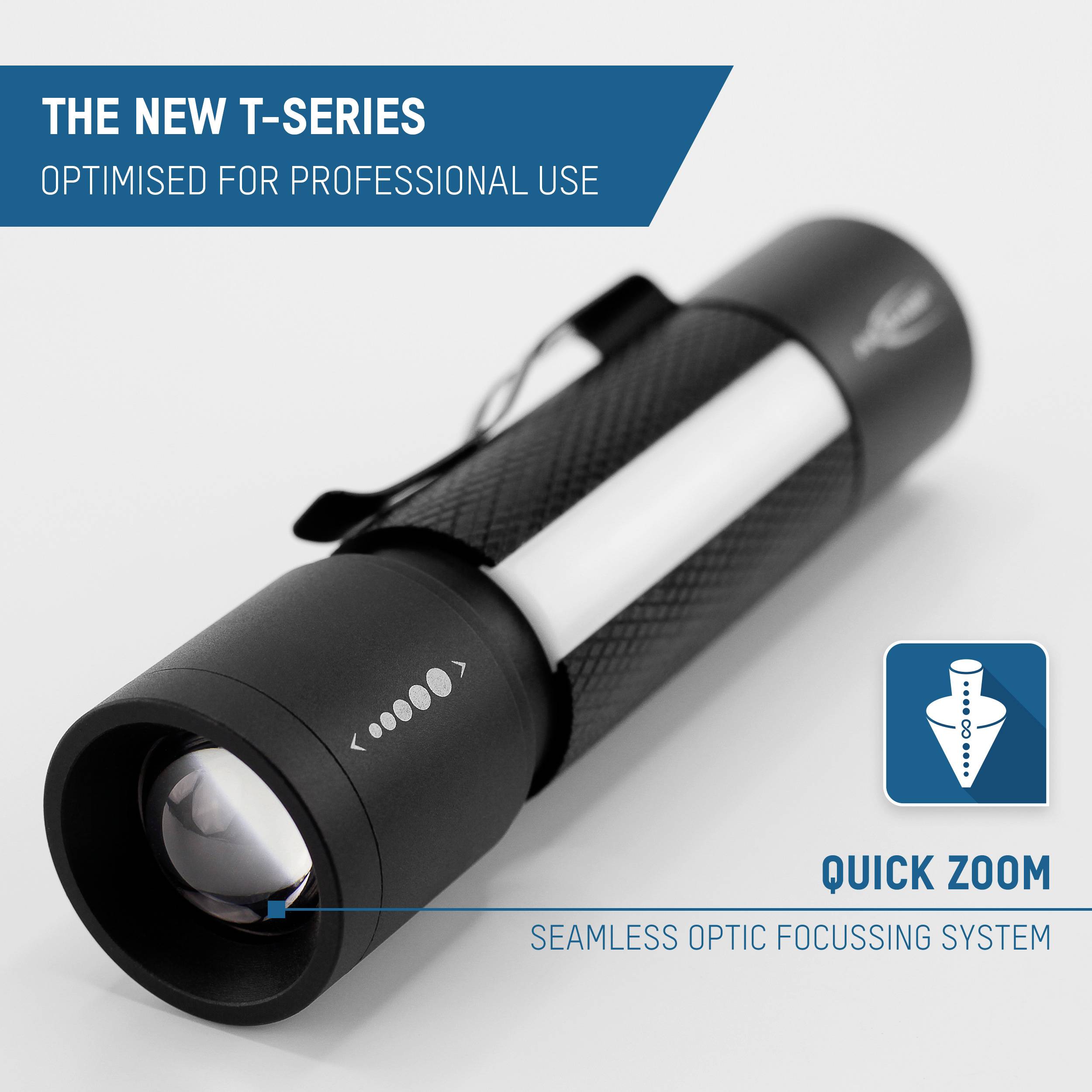 Lampe torche inclinée, Texte : « La Nouvelle Série T », optimisée pour une utilisation professionnelle. Système de mise au point et zoom sans transition mis en avant.