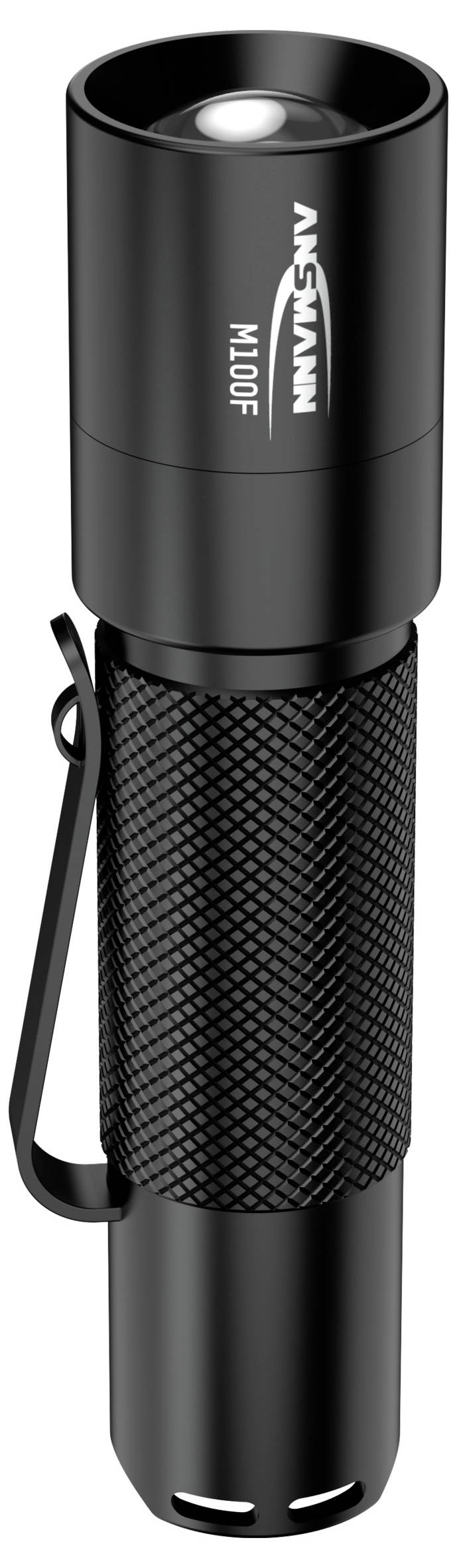 Lampe de poche noire avec verre transparent et poignée cannelée, pince de fixation latérale, marque 'Ansmann', modèle 'M100F'.