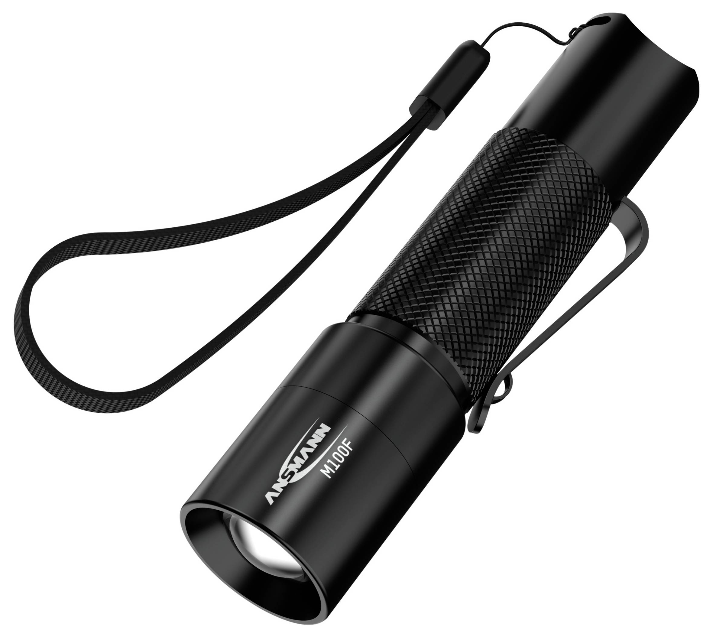 Lampe de poche noire avec dragonne et clip, adaptée pour une utilisation en extérieur ou en situation d'urgence.