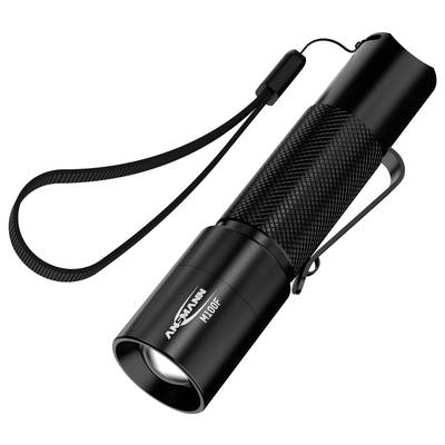 Lampe de poche noire avec dragonne et clip, adaptée pour une utilisation en extérieur ou en situation d'urgence.