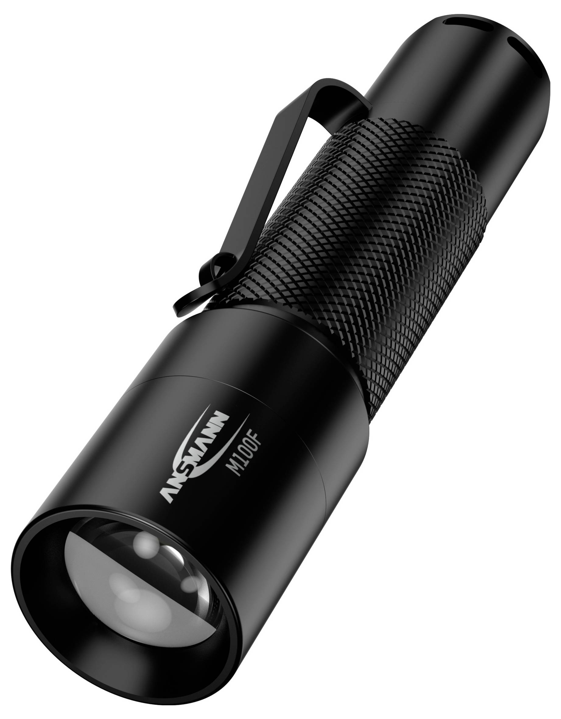 Une lampe de poche noire avec une surface de poignée texturée et un clip sur le côté. Adaptée pour un éclairage compact.