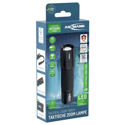 Lampe de poche en emballage, étiquetée comme 'Lampe Tactique Zoom'. Détails : autonomie de 5 heures, 115 lumens, LED, protection IP54.