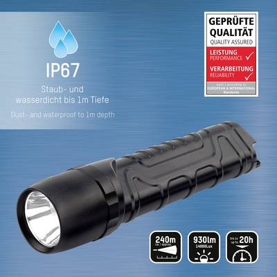 Lampe de poche LED, étanche à la poussière et à l'eau (IP67), annonce une portée lumineuse de 240m, une luminosité de 930 lumens, une autonomie de 20h ; label de qualité présent.