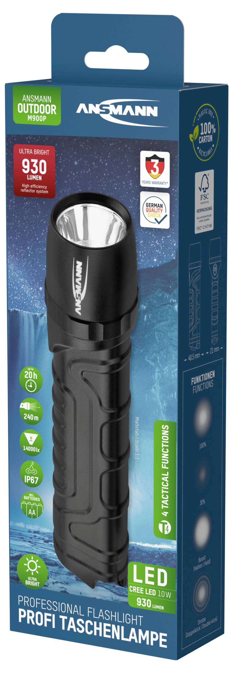 'Lampe de poche professionnelle LED 930 lumens, portée de 246 m, protégée contre les éclaboussures, résistante aux chocs. L'emballage présente la lampe de poche et ses détails.'