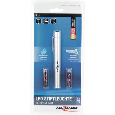 Lampe stylo LED en blister, comprenant deux piles. Points forts : protection contre les éclaboussures, en aluminium ultra-léger, garantie de 2 ans.