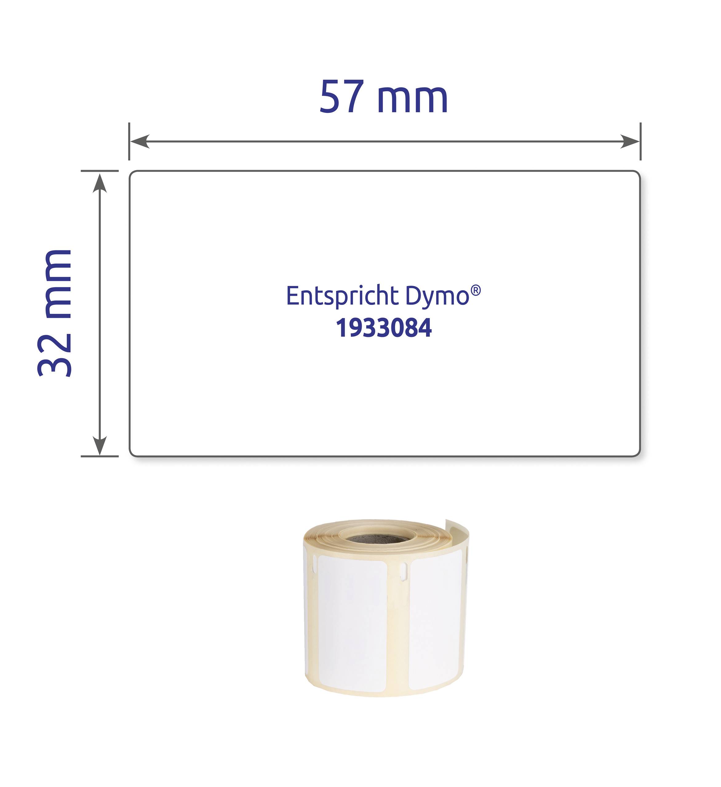 Rouleau d'étiquettes de dimensions 57 x 32 mm, compatible avec Dymo 1933084, illustré sur une image.