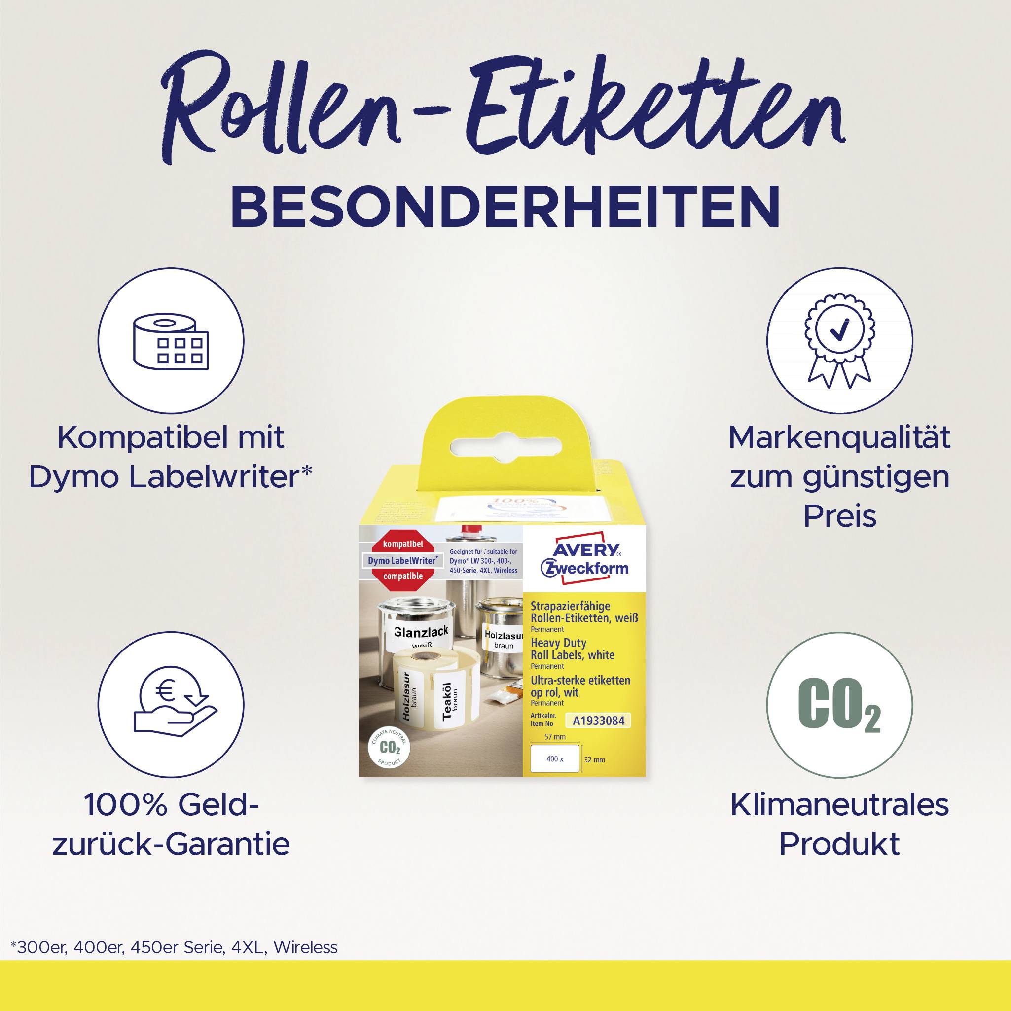 Caractéristiques des Étiquettes en Rouleau : Compatible avec Dymo Labelwriter, Garantie de remboursement à 100 %, Qualité de marque, Produit neutre en carbone.