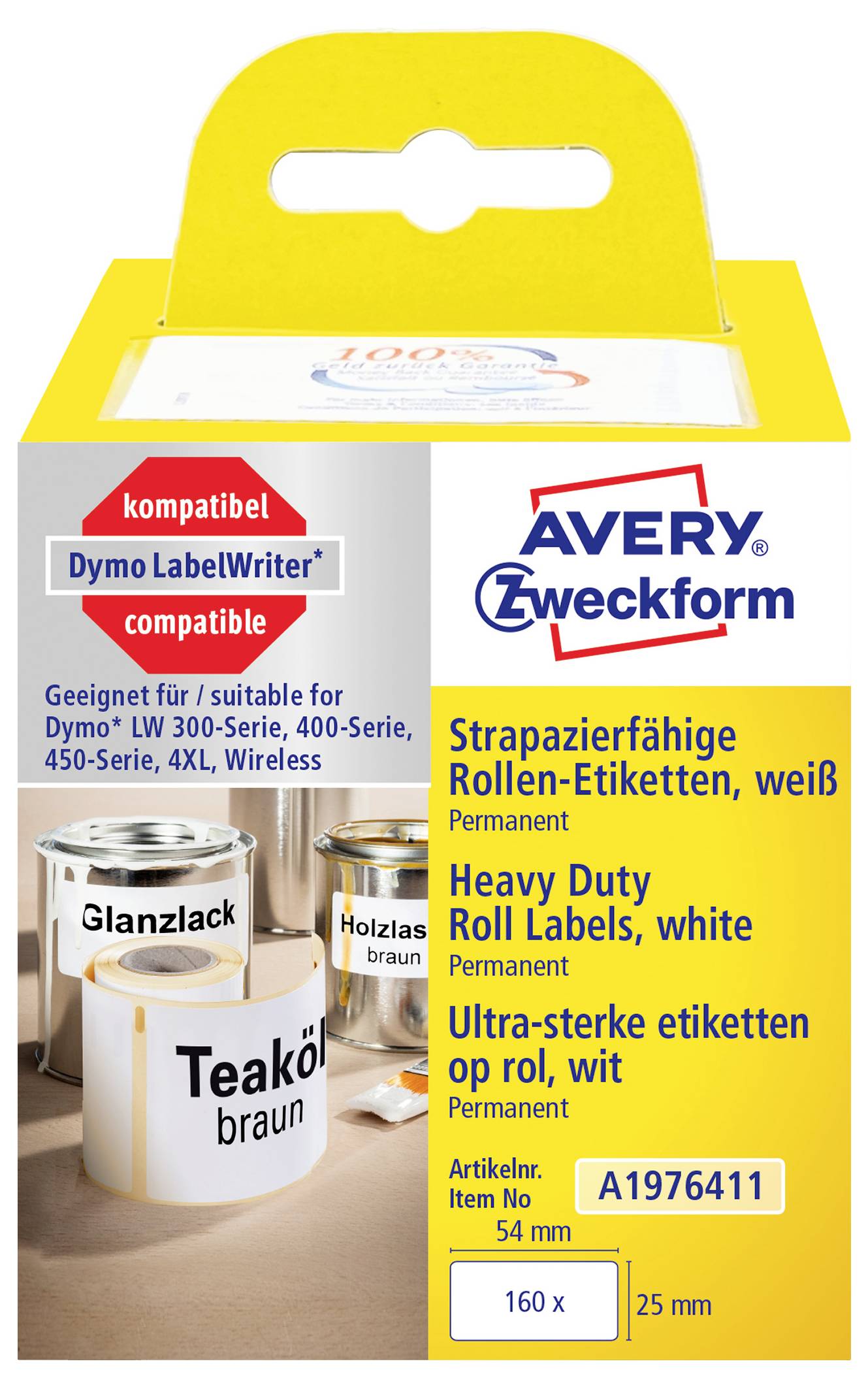 Emballage de produit pour étiquettes à rouleau blanches ultra-résistantes Avery Zweckform, compatibles avec Dymo LabelWriter ; 160 étiquettes, 54 x 25 mm.