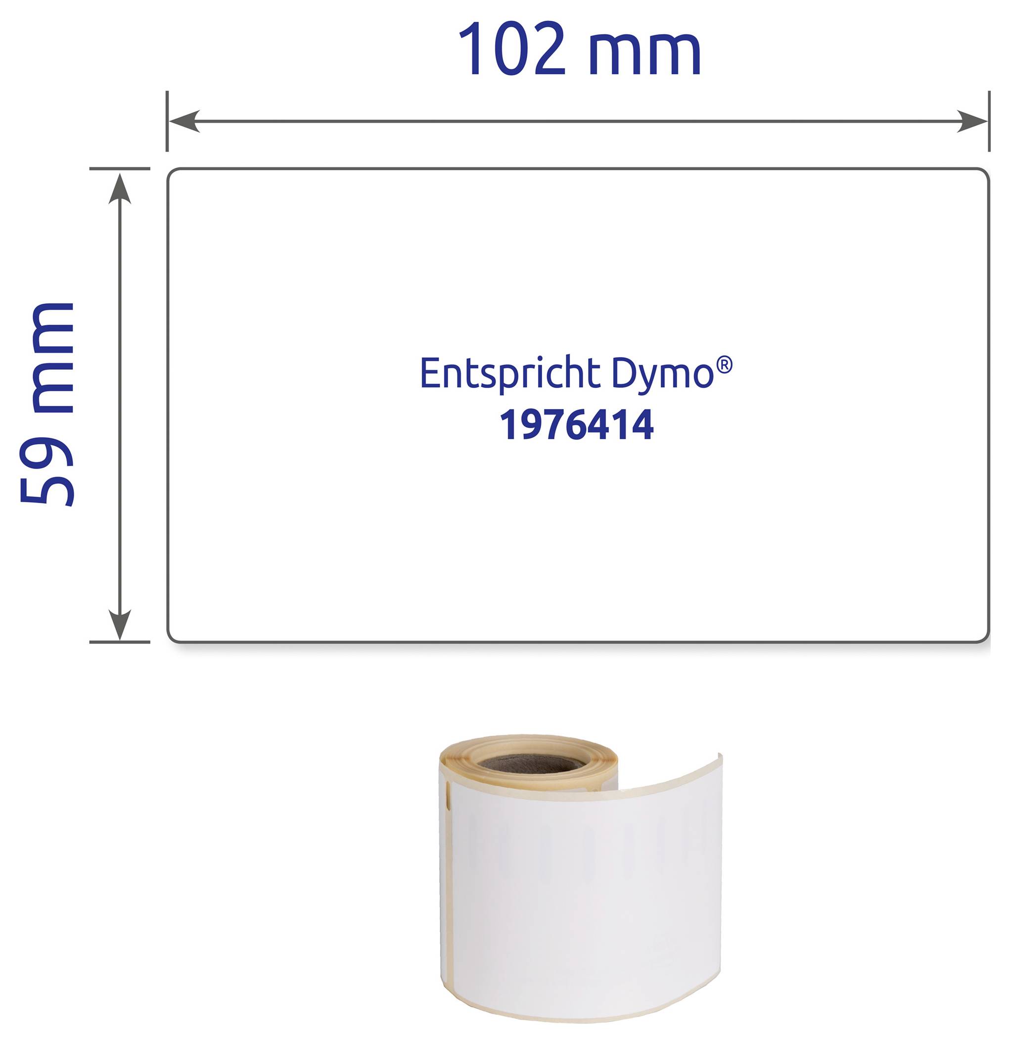 Rouleau d'étiquettes pour Dymo : 102 × 59 mm, « Correspond à Dymo® 1976414 » dans un format d'étiquette blanc.