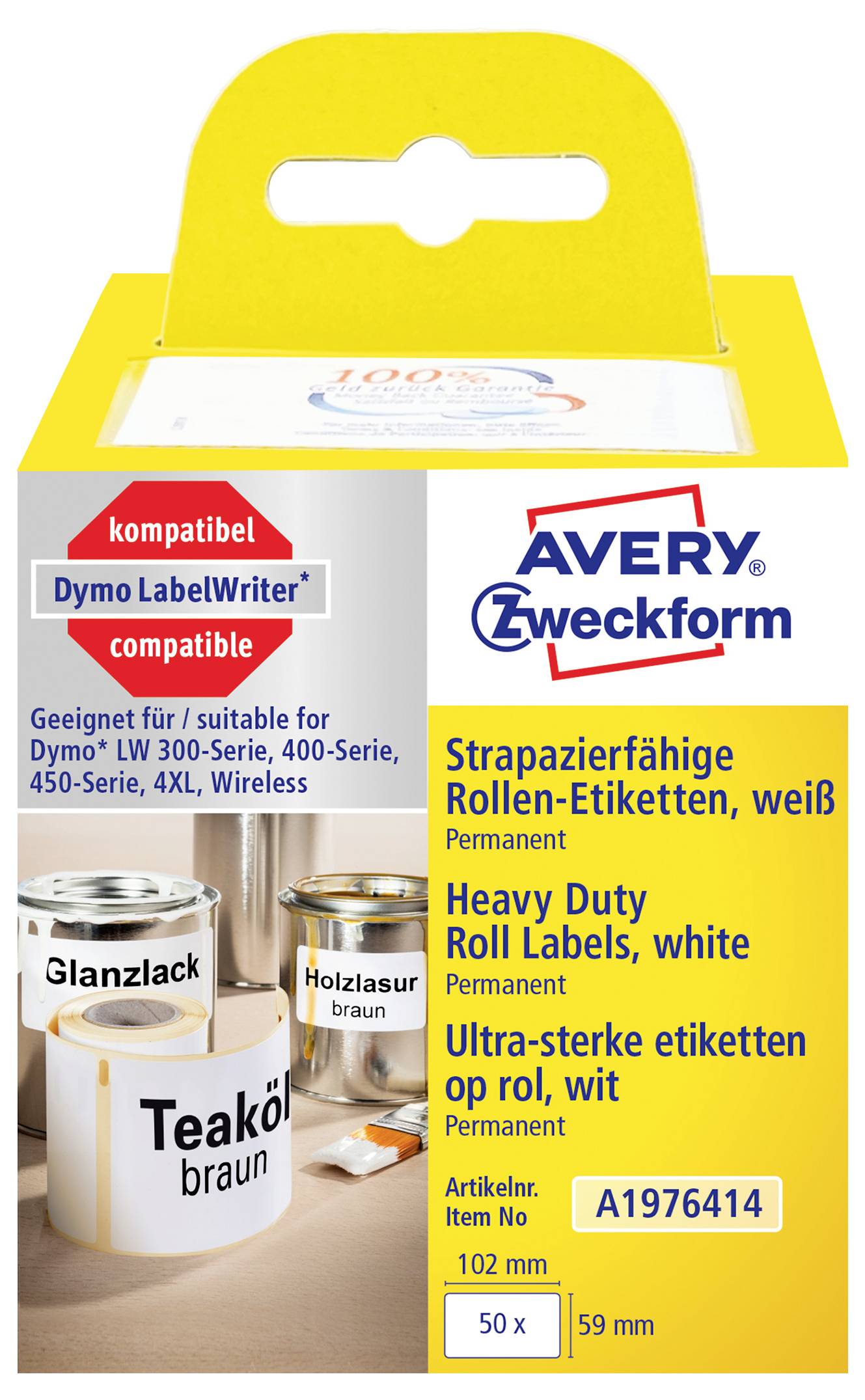 Étiquettes adhésives blanches renforcées Avery Zweckform en rouleau pour DYMO LabelWriter ; 102 mm x 59 mm, 50 étiquettes, référence A1976414.