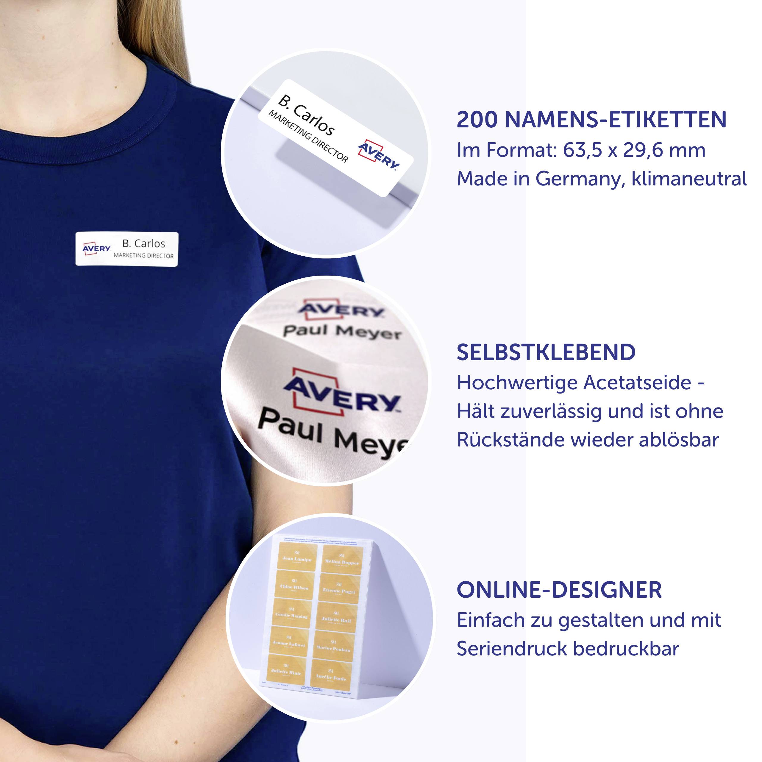 Un écran d'ordinateur affiche un site web 'Avery Design & Print' avec l'option 'Votre design'. En bas, il est écrit 'Modèles gratuits en ligne'.