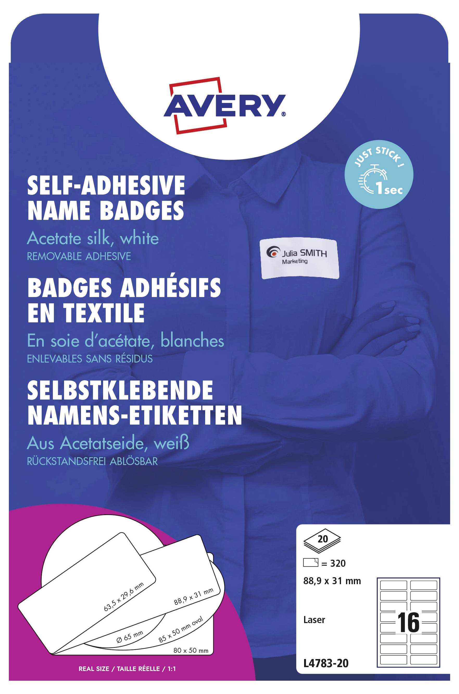 Étiquettes adhésives nominatives Avery, 20 feuilles par paquet, tissu acétate blanc, amovibles, adaptées pour imprimantes laser, contenant 16 étiquettes.