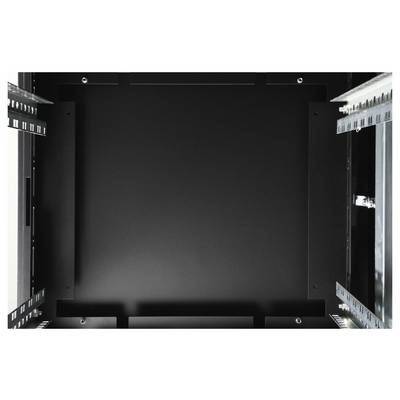 Vue intérieure d'un rack serveur vide avec quatre rails verticaux pour le montage de composants de serveur.