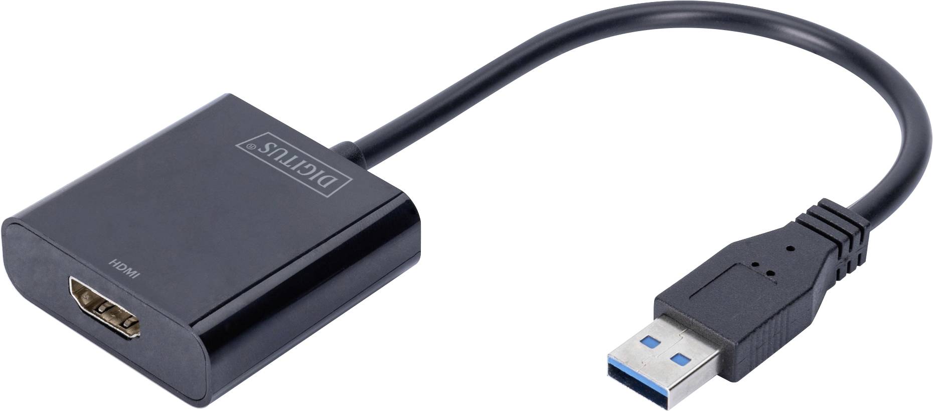 Câble adaptateur USB vers HDMI, noir. Connecteur HDMI à gauche, fiche USB à droite. Convertit les signaux USB en HDMI pour écrans ou téléviseurs.