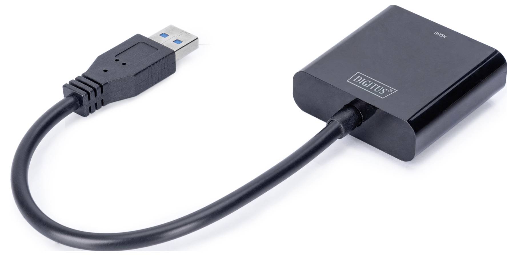 Un adaptateur USB 3.0 noir avec une fiche USB d'un côté et un connecteur rectangulaire de l'autre. Le nom de la marque est visible.