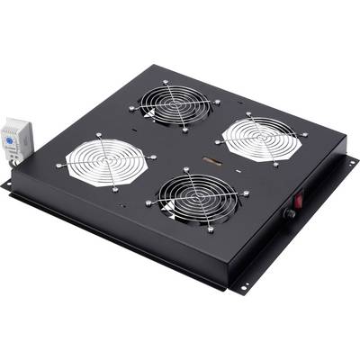'Un bloc de refroidissement noir avec quatre ventilateurs et un interrupteur, conçu pour la gestion thermique dans les armoires électroniques.'