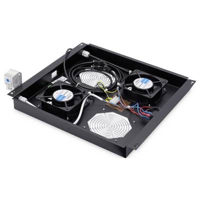Plateau ventilateur noir avec trois ventilateurs de refroidissement, câblage électrique et capteur de température blanc, utilisé pour la ventilation des équipements.