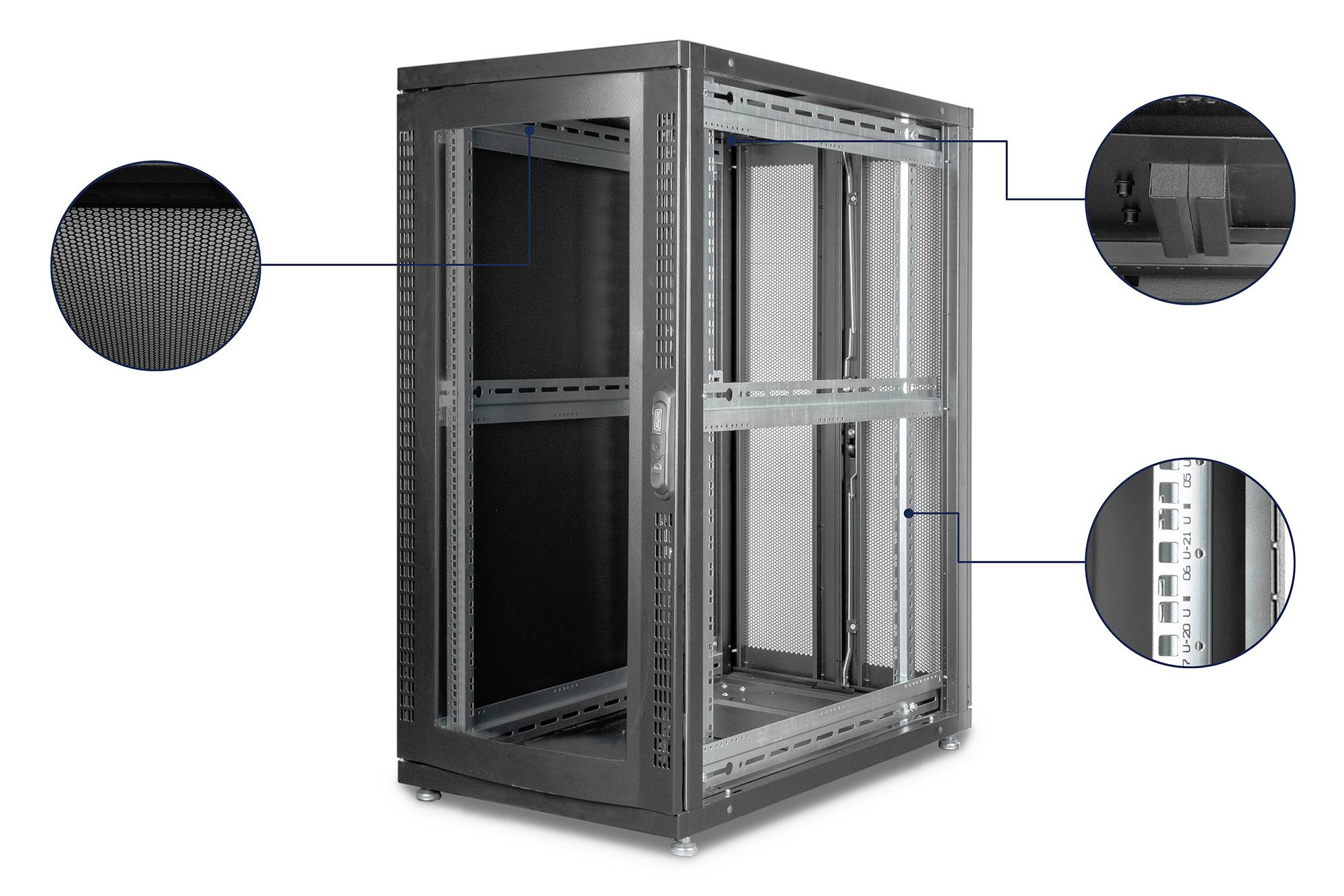 'Boîtier de rack serveur avec trois détails mis en évidence : grille de ventilation, système de verrouillage et barre de connexion verticale pour les appareils.'