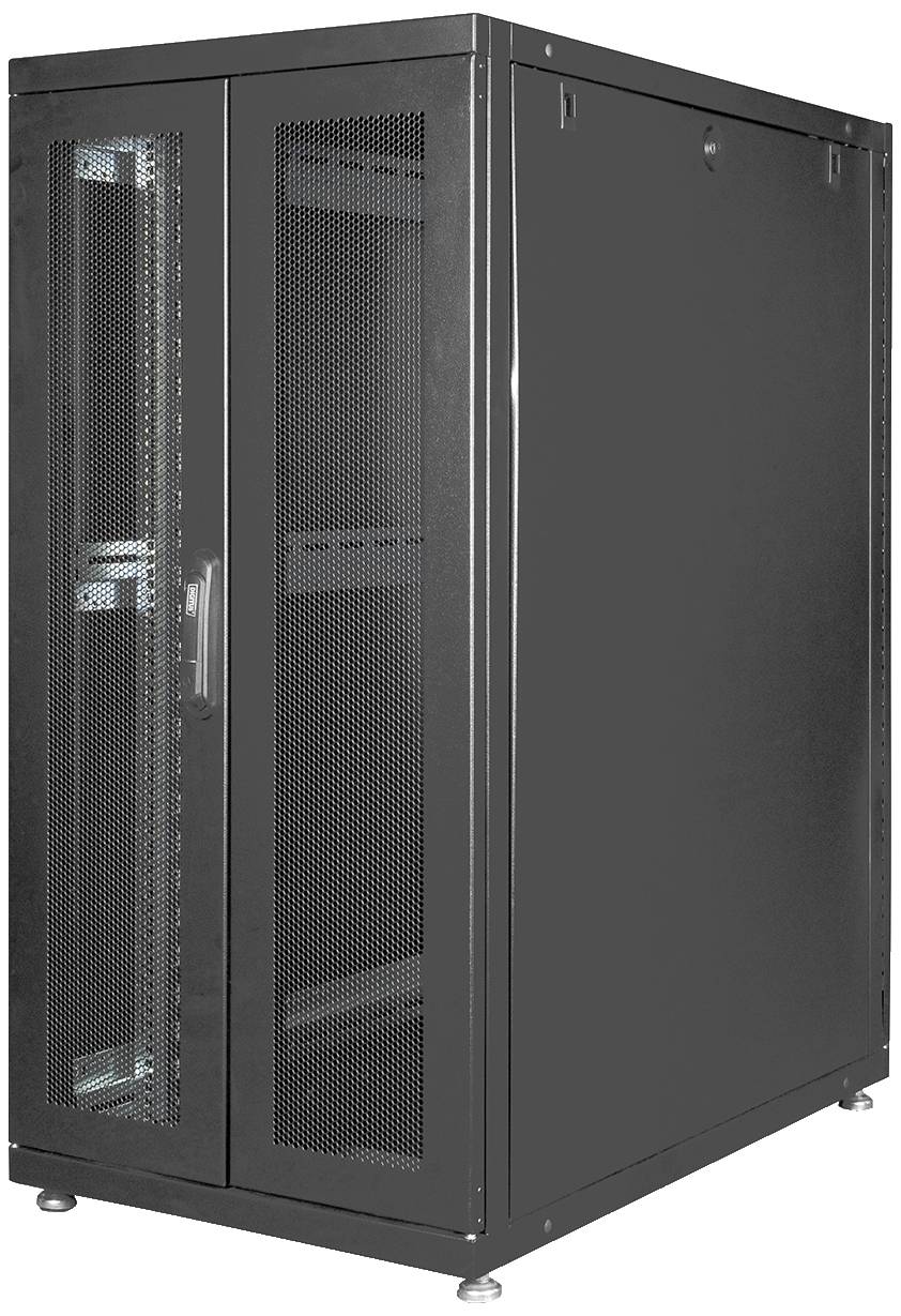 Armoire de serveur noir avec porte en verre et grilles de ventilation latérales, adaptée pour héberger des composants informatiques.