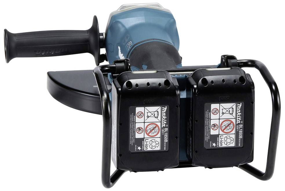 Meuleuse d'angle sans fil livrée avec deux batteries et un disque de protection, boîtier bleu avec poignée noire.