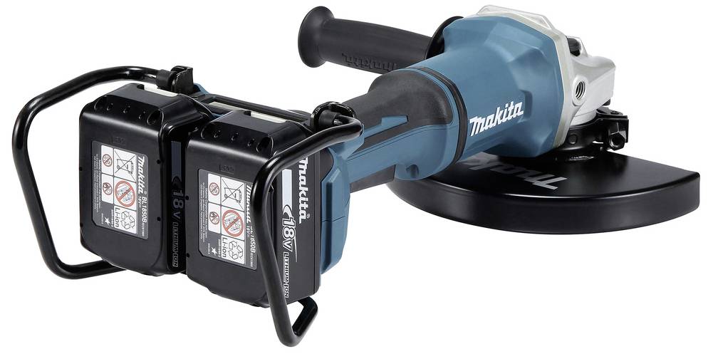 Meuleuse d'angle sans fil avec deux batteries et carter de protection.