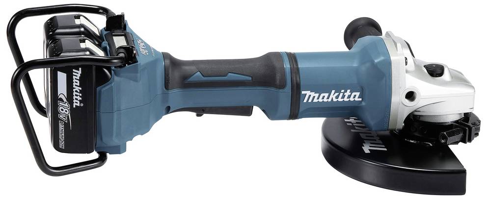 Meuleuse d'angle sans fil avec boîtier bleu. Inscription 'Makita'. L'appareil est positionné horizontalement. Adapté pour les travaux de meulage et de coupe.