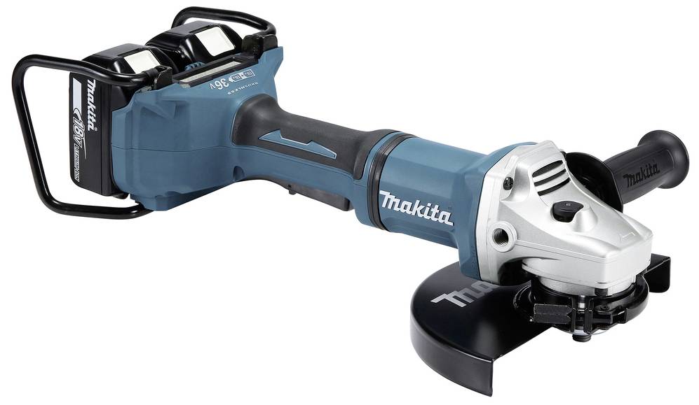 Un meuleuse d'angle sans fil en bleu avec deux batteries, le nom de la marque visible sur la poignée, adapté pour le travail du métal et de la pierre.