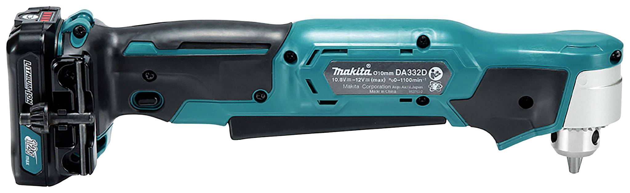 Perceuse visseuse d'angle sans fil en turquoise et noir avec étiquette du fabricant. Adaptée aux espaces confinés et au perçage précis.