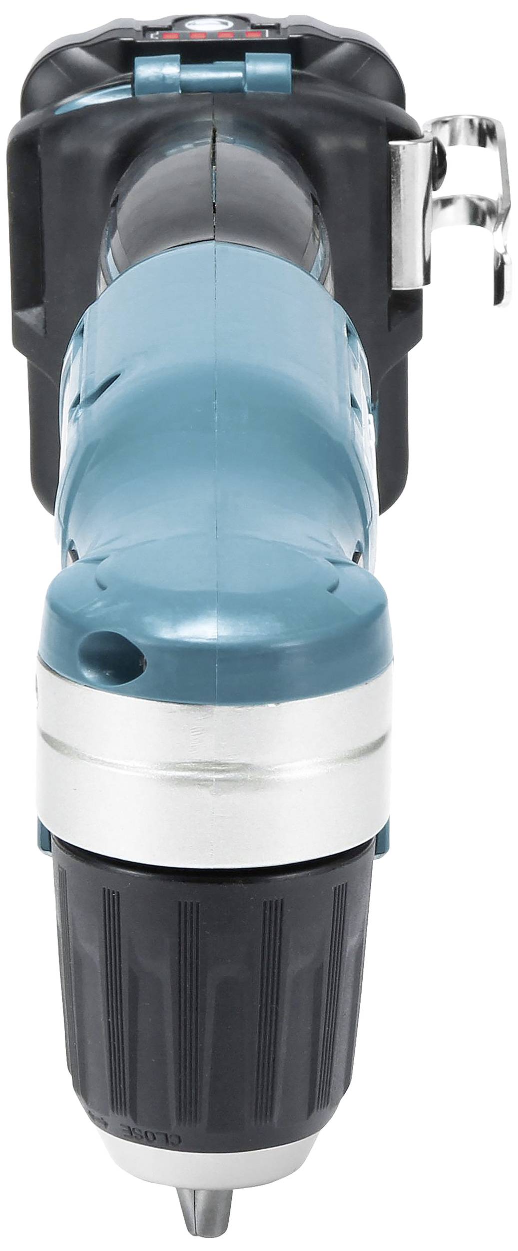 Visseuse sans fil en gros plan de face, colorée en bleu et noir, avec des accents argentés, mandrin visible.