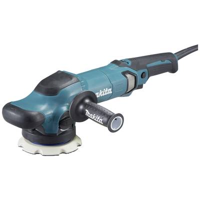 Ponceuse électrique avec boîtier bleu et poignée noire, adaptée aux surfaces en bois et en métal, la marque 'Makita' bien visible.